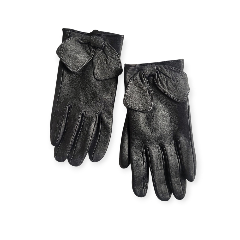 Perrin Collection Black Leather Gloves with Bow Detail